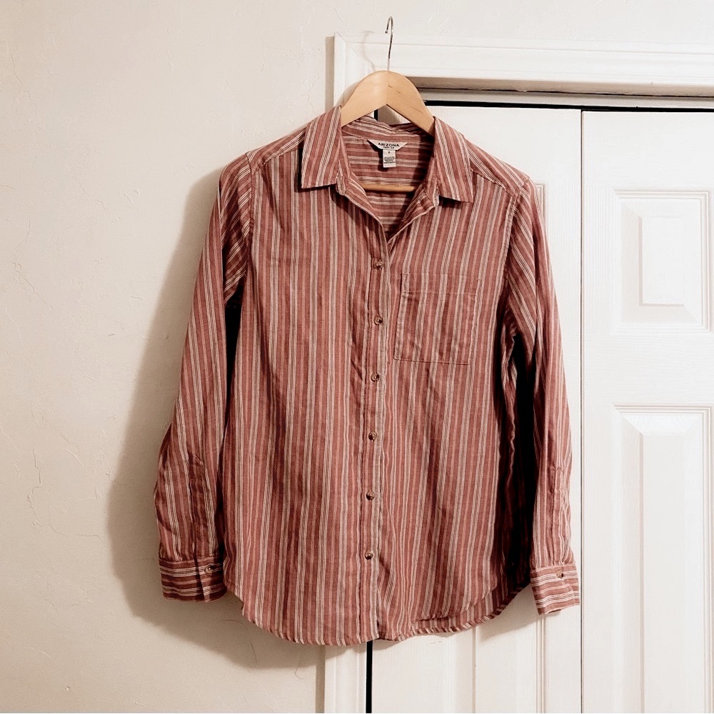 Arizona dark blush & white striped long sleeve button down shirt